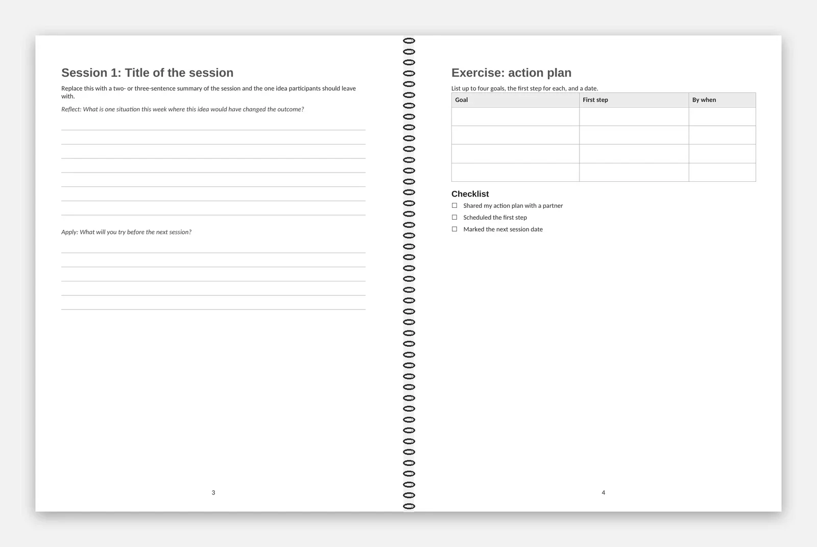 Preview of an open black-and-white coil workbook made from our Word template: a session page beside an action-plan exercise