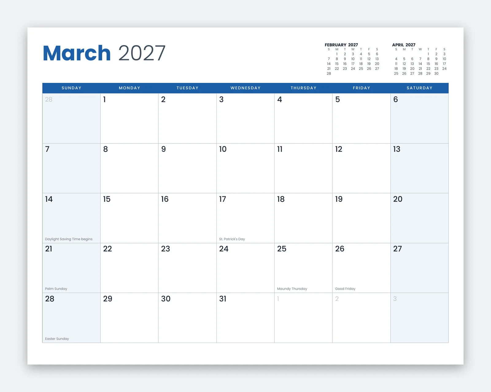 Preview of the March 2027 month grid with Palm Sunday, Maundy Thursday, Good Friday and Easter on March 28 printed in the date boxes