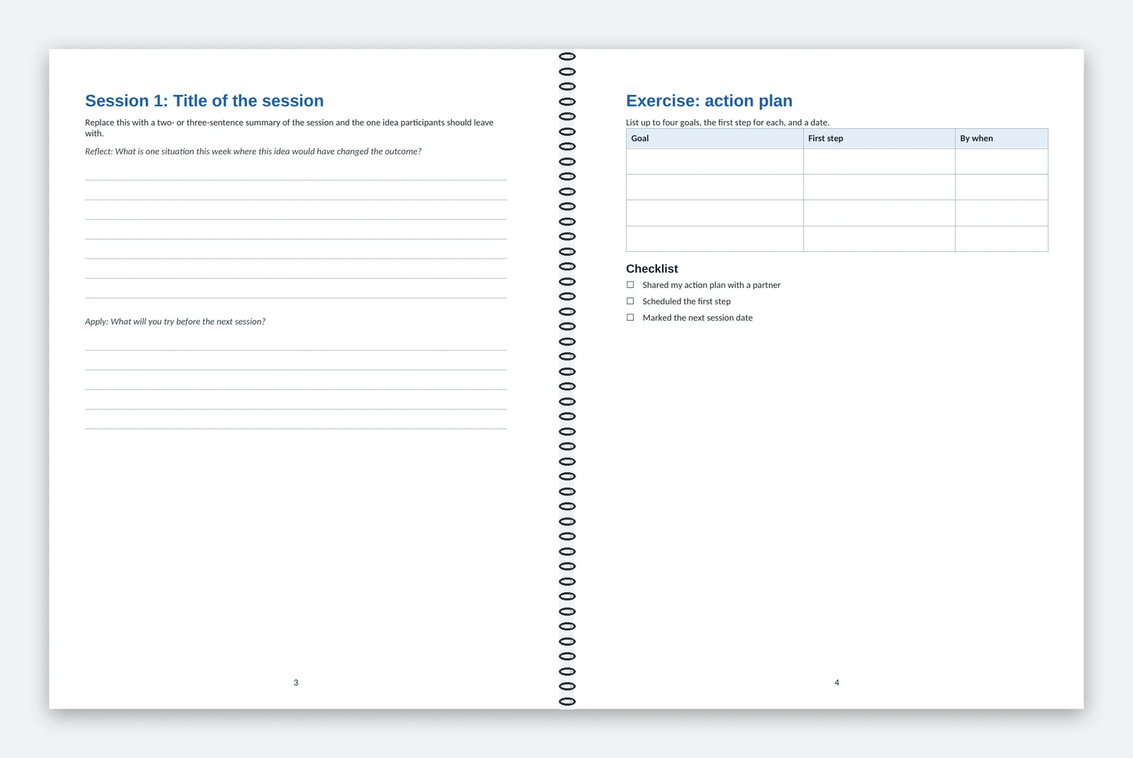 Preview of an open coil workbook made from our Word template, lying flat with the coil in the middle