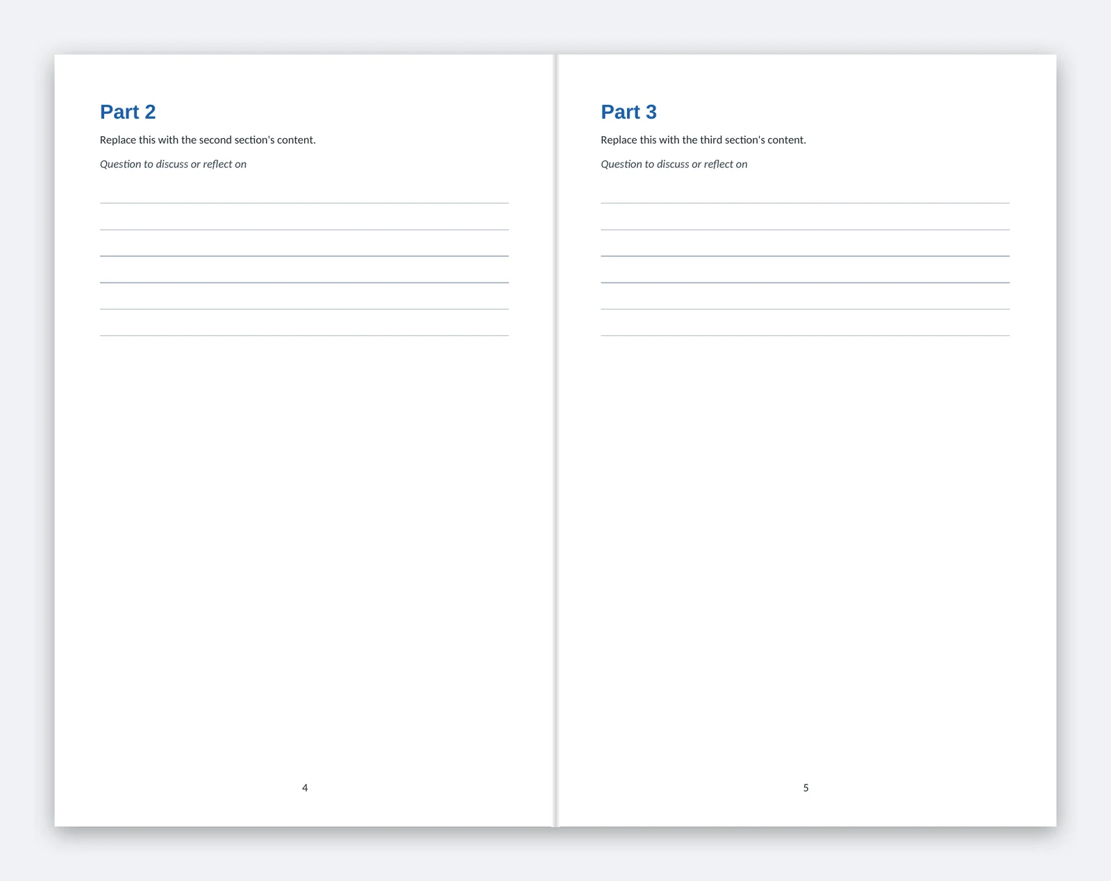 Preview of an open 5.5 x 8.5 booklet made from our Word template, showing pages 4 and 5