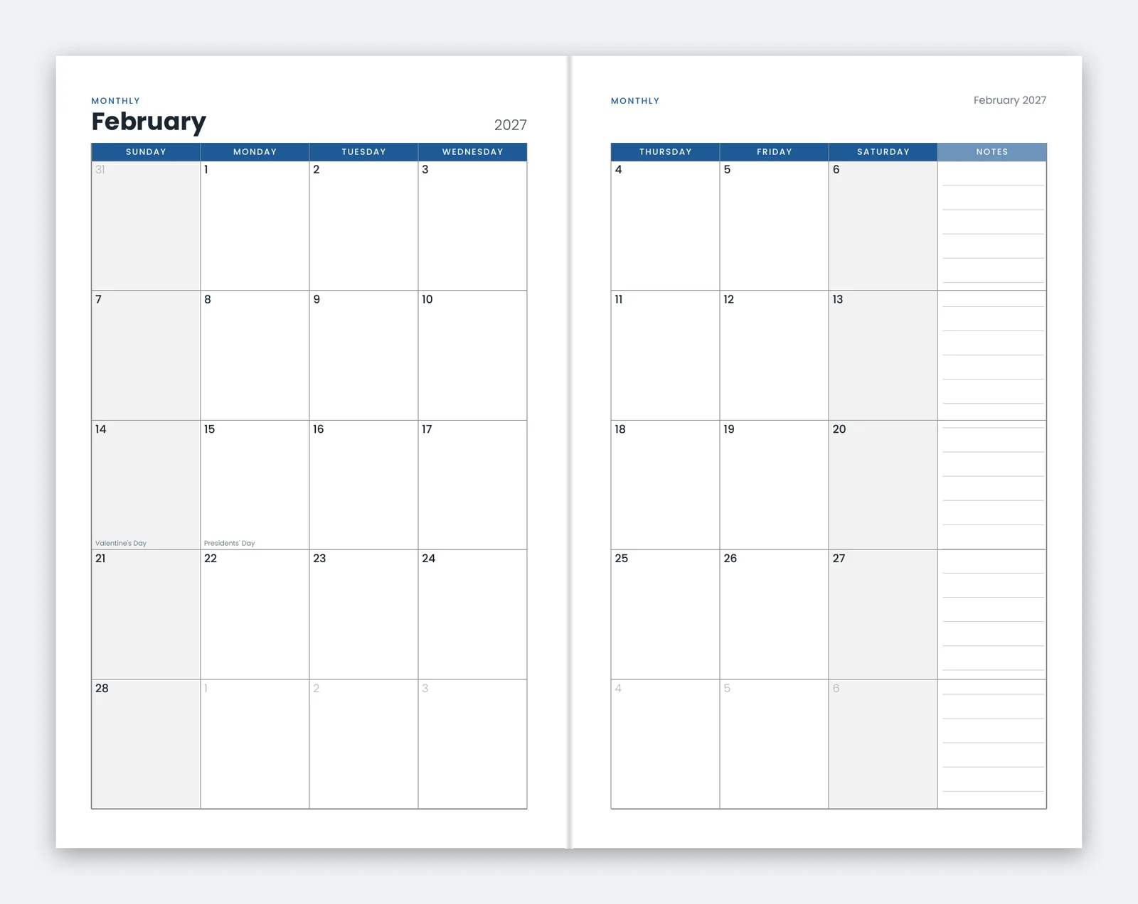 Preview of a two-page monthly spread in the 5.5 x 8.5 monthly planner with US holidays in the grid and a notes column