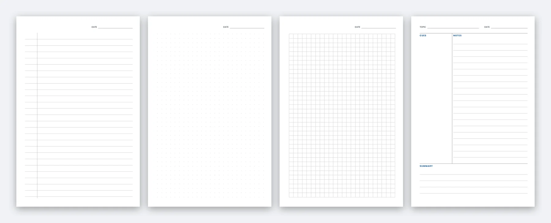 Preview of four notebook page styles side by side: lined, dot grid, graph and Cornell notes