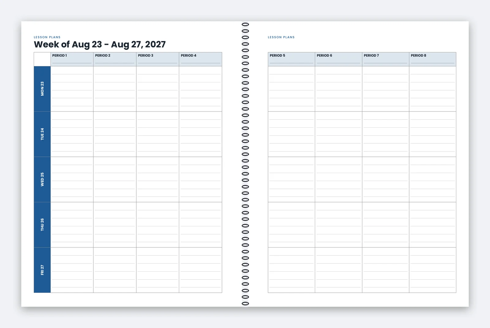 Preview of the 8.5 x 11 lesson-plan spread: five days across, up to eight subject rows down