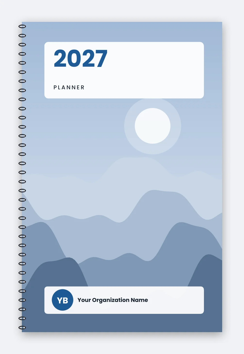Preview of a 5.5 x 8.5 planner cover from our template, with a logo and the year 2027
