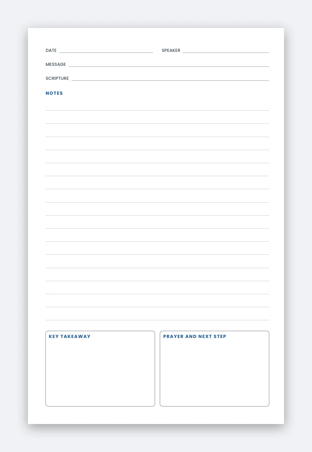 Preview of the sermon notes page with fields for date, speaker, message, scripture, notes, key takeaway, and prayer and next step