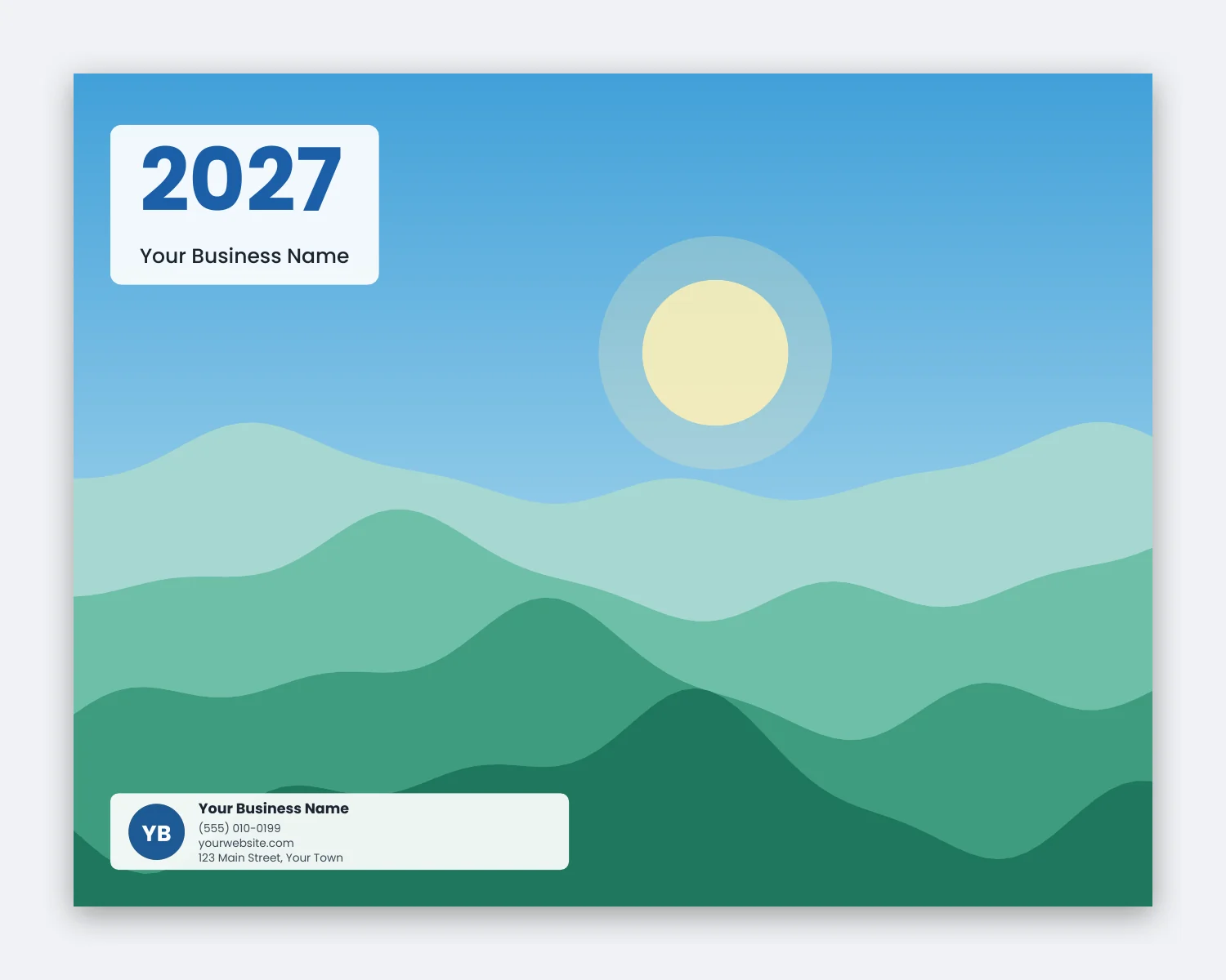 Preview of the 11 x 8.5 calendar front cover with the year 2027, a landscape illustration and a business imprint panel