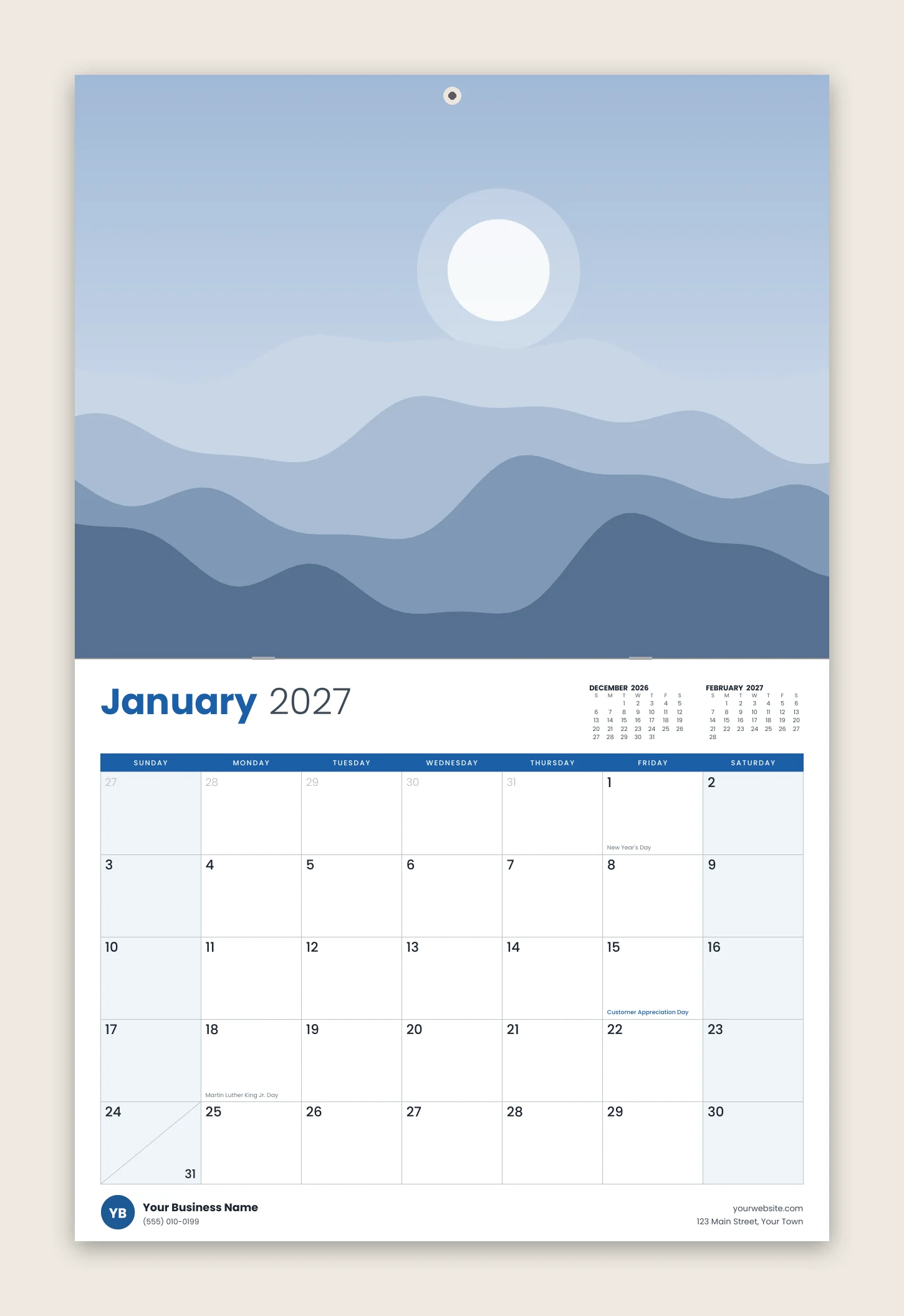 Preview of the 11 x 8.5 wall calendar hanging open on January 2027, with a photo above the month grid and a business footer below