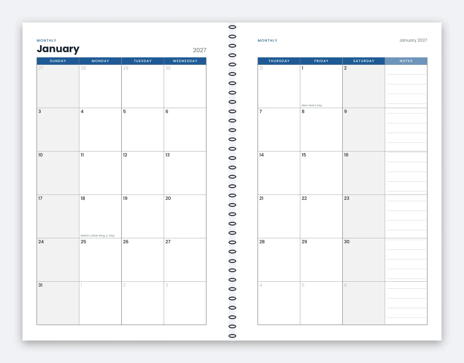Preview of a two-page monthly spread in the 5.5 x 8.5 planner with a Sunday-start grid and a notes column