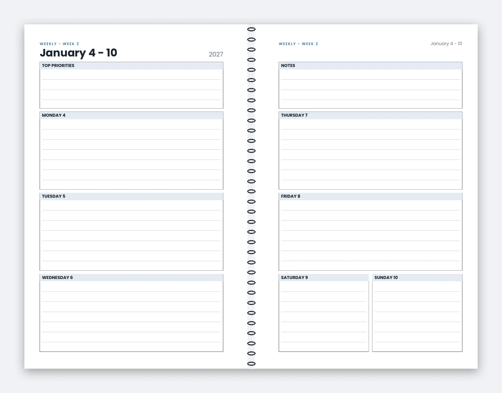 Preview of a two-page weekly spread in the 5.5 x 8.5 planner